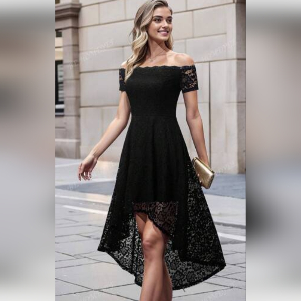 Dressystar Hi Lo Lace Off Shoulder Cocktaillegant Black Lace Cocktail Dress